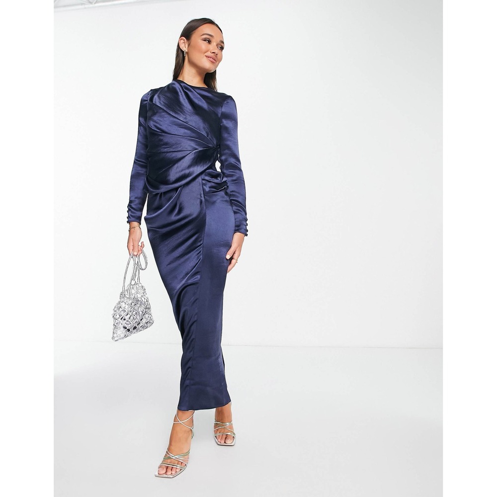 Romantic Old Money Navy Blue Satin Draped Cowl Neck Maxi Dress Long Sleeve